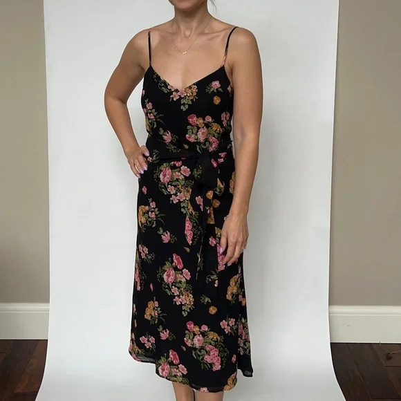 Reformation Black Floral MIDI Spaghetti Strap Sash Beltsize